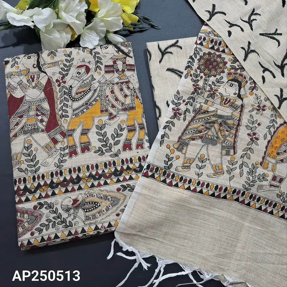 Beige madhubani block printed bagalpuri jute silk cotton salwar material ap250513-Neidhal