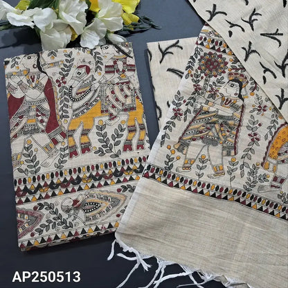 Beige madhubani block printed bagalpuri jute silk cotton salwar material ap250513-Neidhal