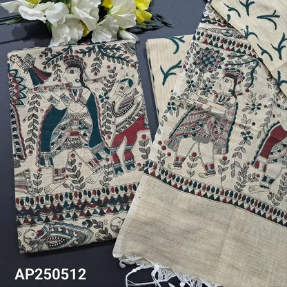 Beige madhubani block printed bagalpuri jute silk cotton salwar material ap250512-Neidhal