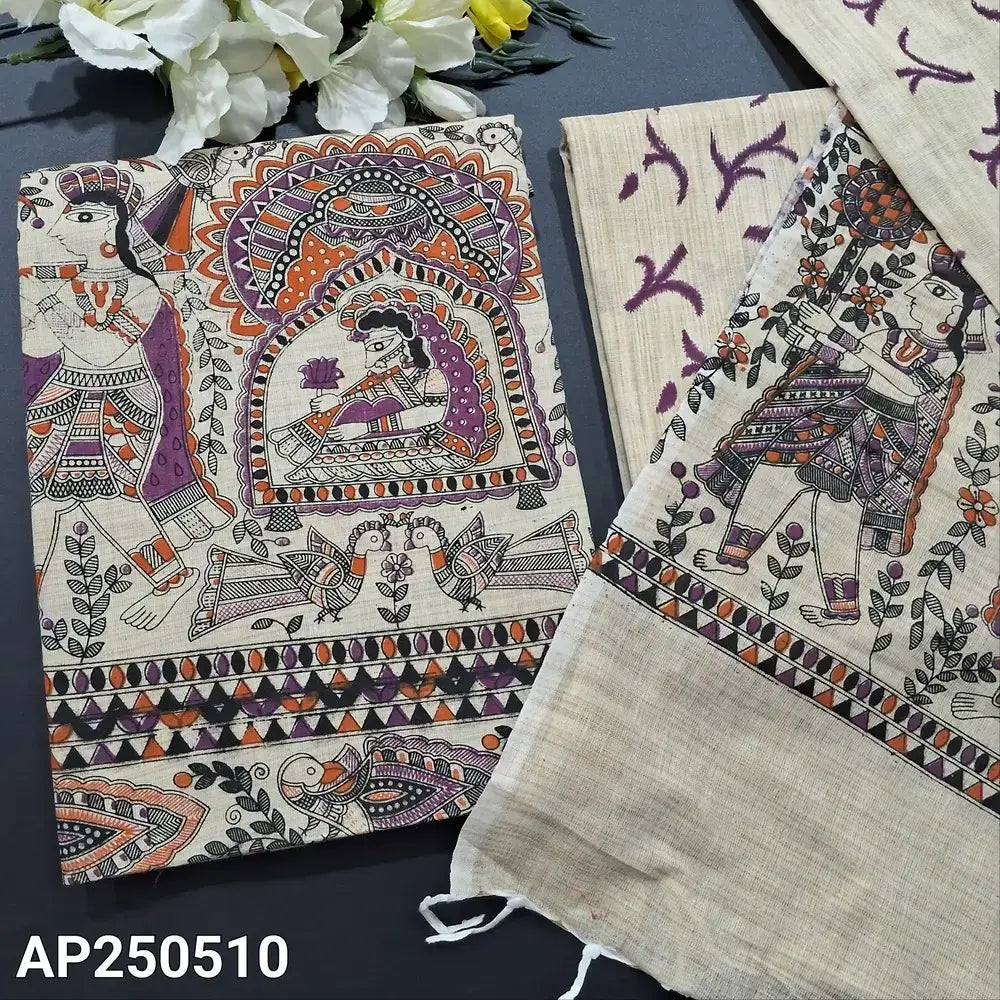 Beige madhubani block printed bagalpuri jute silk cotton salwar material ap250510-Neidhal