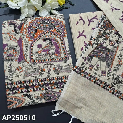 Beige madhubani block printed bagalpuri jute silk cotton salwar material ap250510-Neidhal