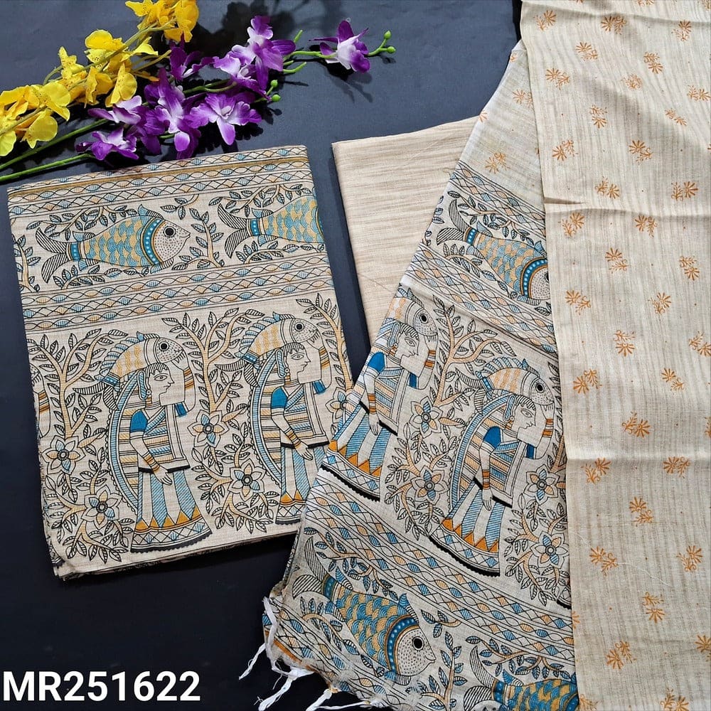 Beige madhubani block printed jute silk cotton salwar material mr251622-Neidhal