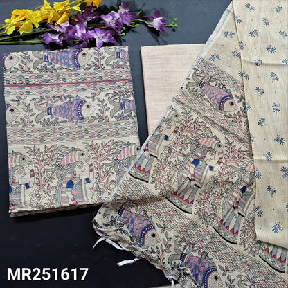 Beige madhubani block printed jute silk cotton salwar material mr251617-Neidhal
