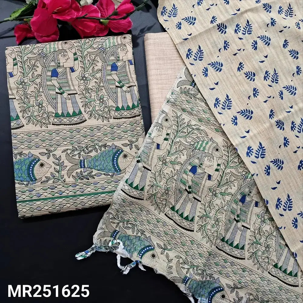 Beige madhubani block printed jute silk cotton salwar material mr251625-Neidhal