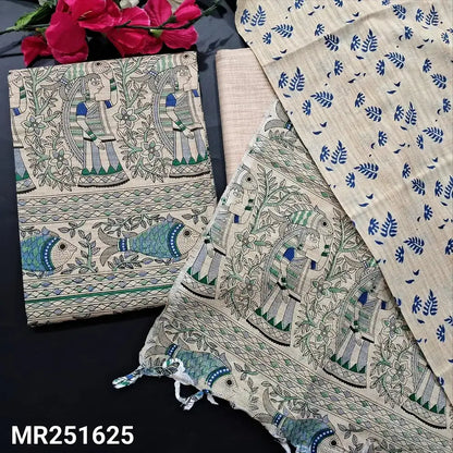 Beige madhubani block printed jute silk cotton salwar material mr251625-Neidhal