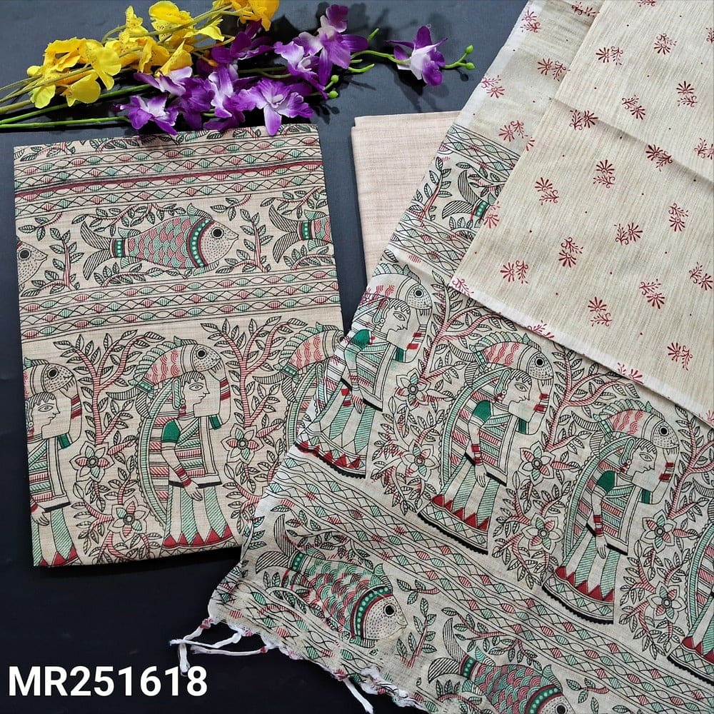 Beige madhubani block printed jute silk cotton salwar material mr251618-Neidhal