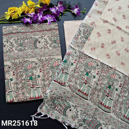 Beige madhubani block printed jute silk cotton salwar material mr251618-Neidhal