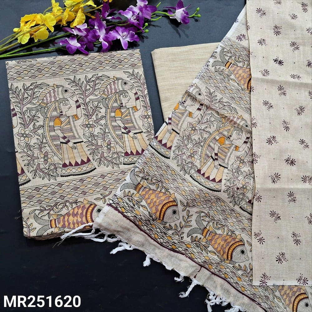 Beige madhubani block printed jute silk cotton salwar material mr251620-Neidhal