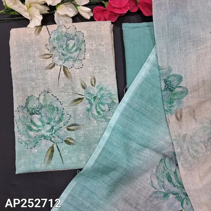 Beige pale blue schiffli embroidered printed semi linen salwar material ap252712-Neidhal