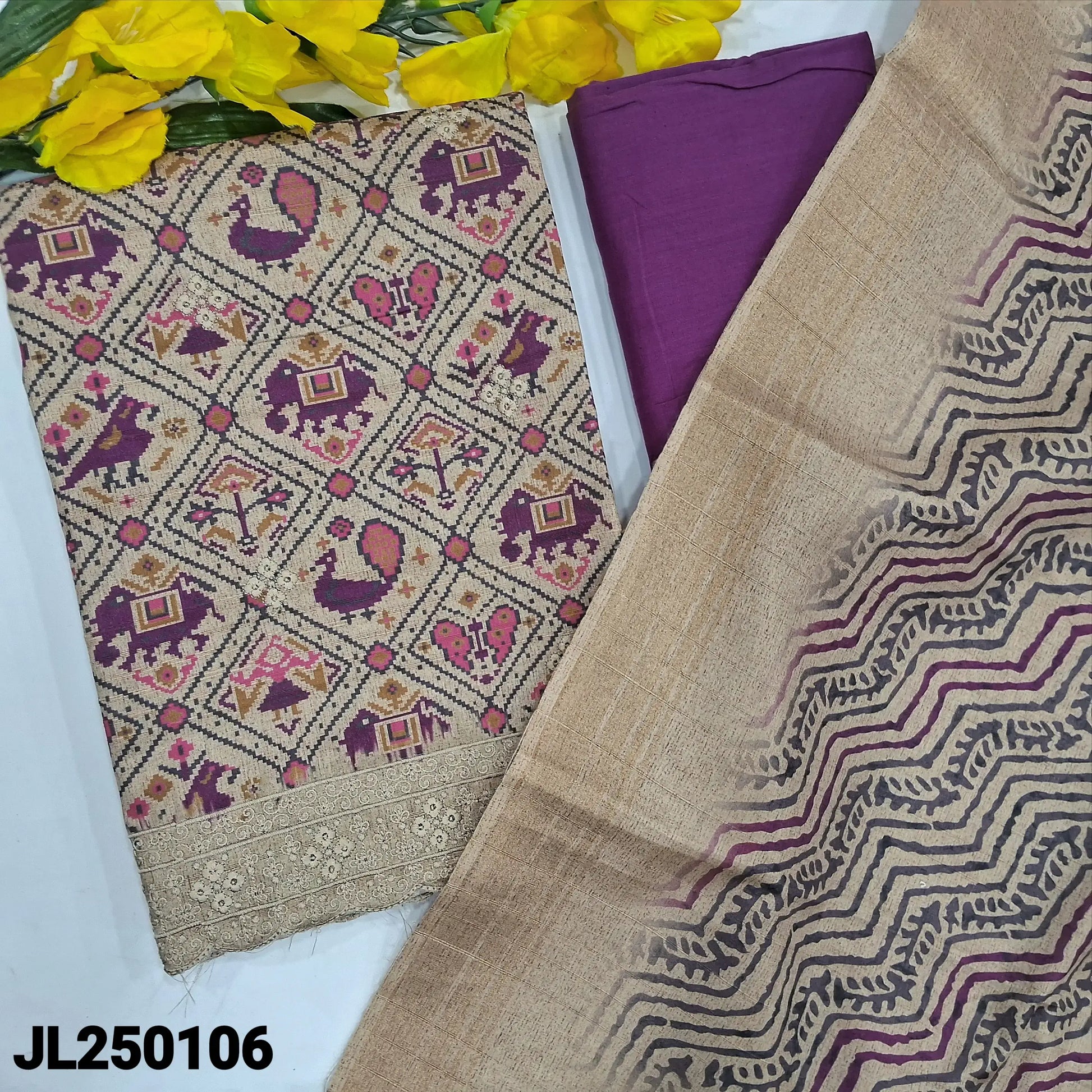 Beige patola printed semi jute silk salwar material jl250106-Neidhal