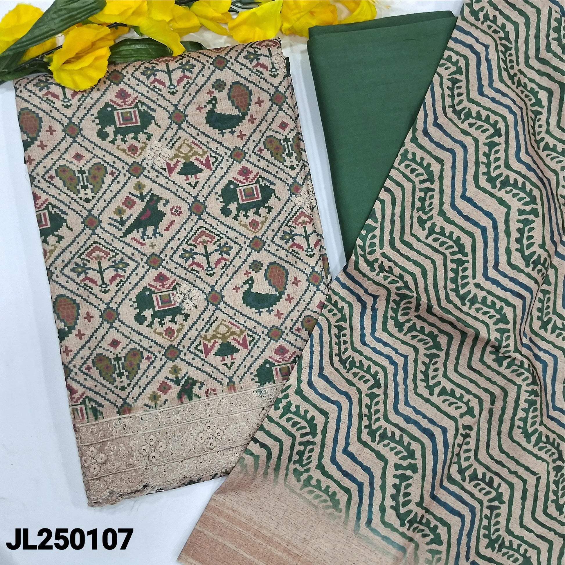 Beige patola printed semi jute silk salwar material jl250107-Neidhal