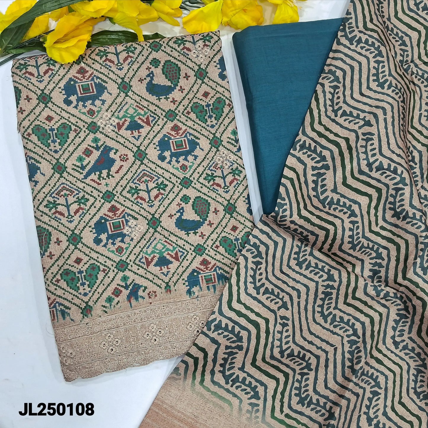 Beige patola printed semi jute silk salwar material jl250108-Neidhal