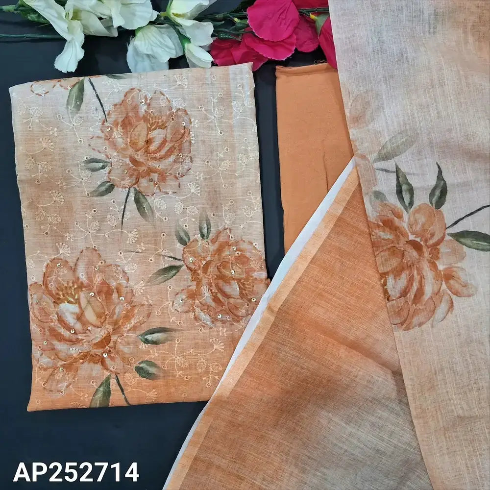 Beige peach schiffli embroidered printed semi linen salwar material ap252714-Neidhal