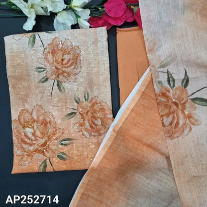 Beige peach schiffli embroidered printed semi linen salwar material ap252714-Neidhal