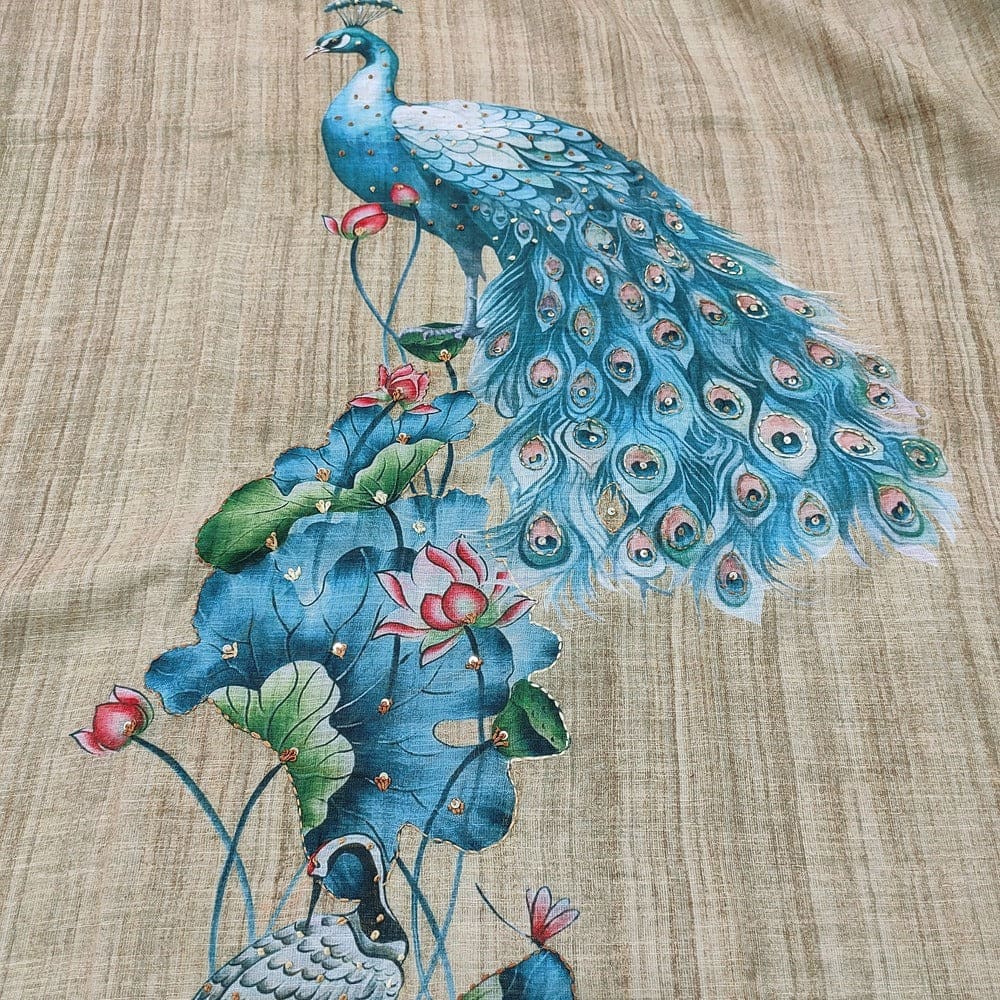 Beige Peacock Printed Semi Linen Salwar Material AP252202- Neidhal