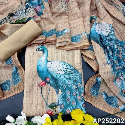 Beige Peacock Printed Semi Linen Salwar Material AP252202- Neidhal