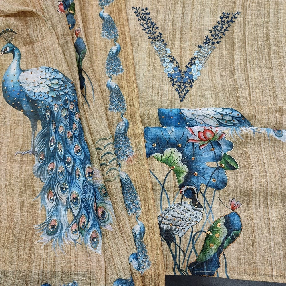 Beige Peacock Printed Semi Linen Salwar Material AP252202- Neidhal