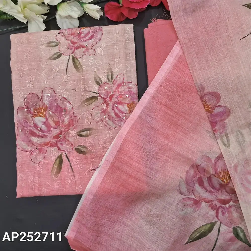 Beige pink schiffli embroidered printed semi linen salwar material ap252711-Neidhal