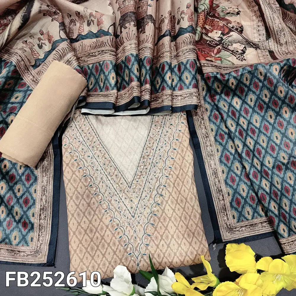 Beige printed jute silk salwar material v neck zari & sequins work