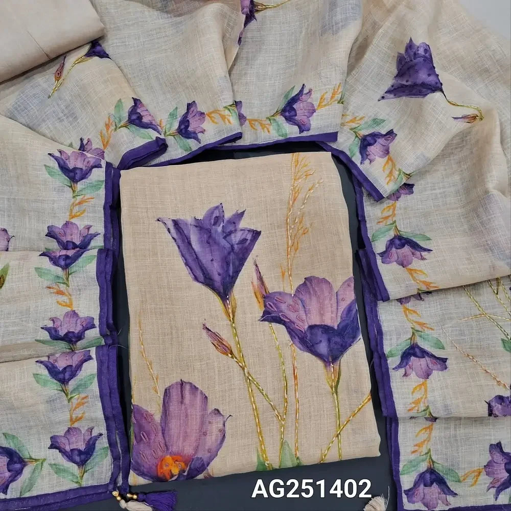 Beige printed pure linen salwar material ag251402-Neidhal