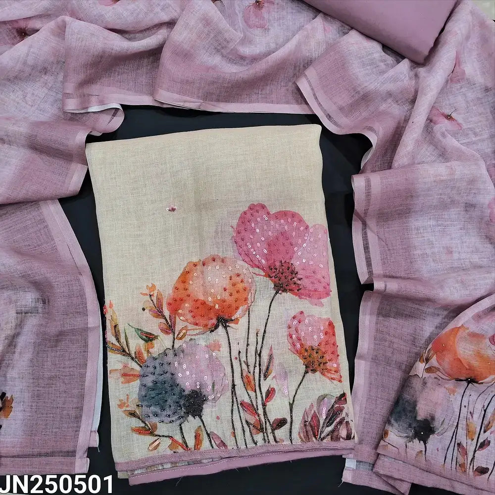 Beige printed pure linen salwar material jn250501-Neidhal