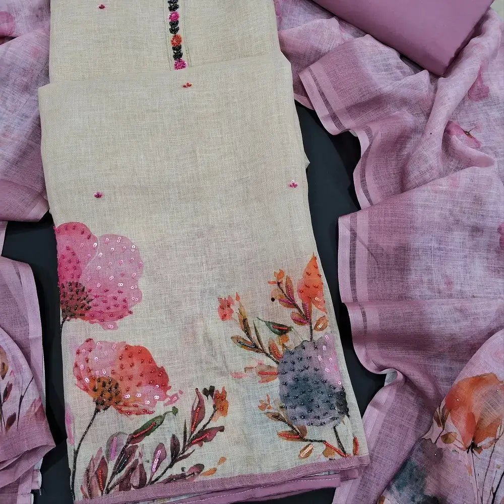 Beige printed pure linen salwar material jn250501-Neidhal