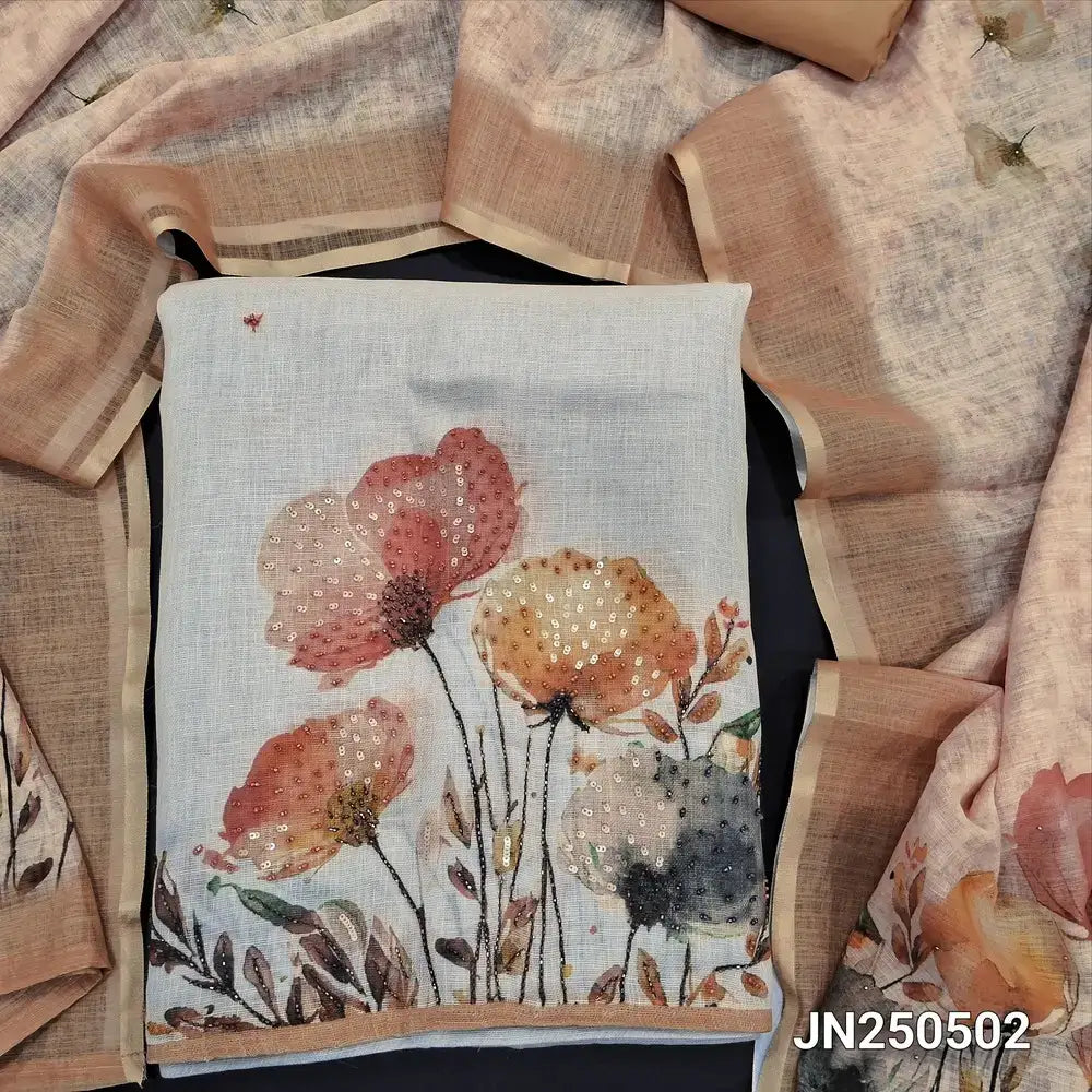 Beige printed pure linen salwar material jn250502-Neidhal