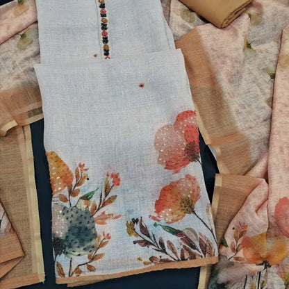 Beige printed pure linen salwar material jn250502-Neidhal