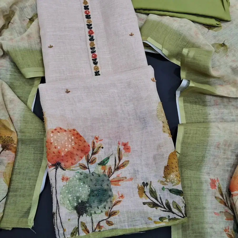 Beige printed pure linen salwar material jn250503-Neidhal