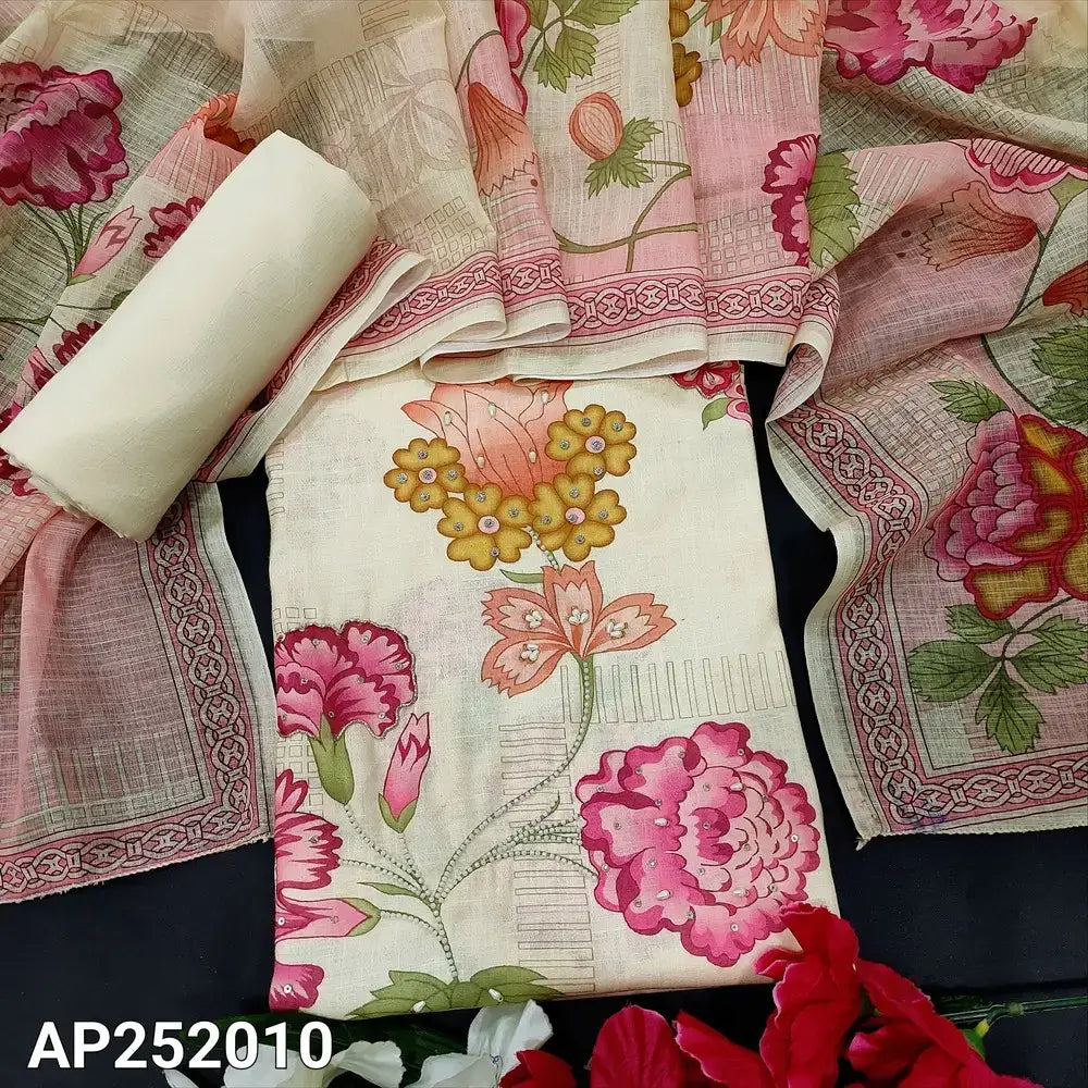 Beige printed semi linen salwar material ap252010-Neidhal