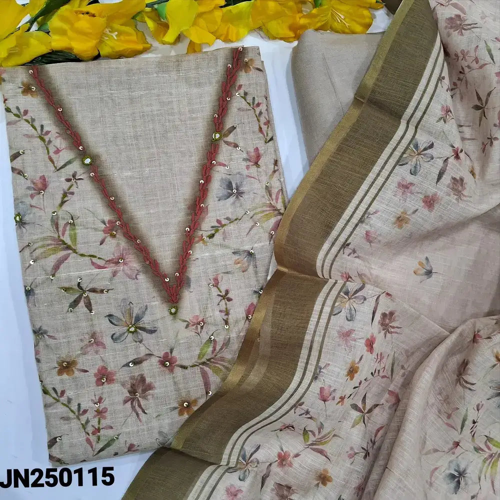 Beige printed semi linen salwar material jn250115-Neidhal