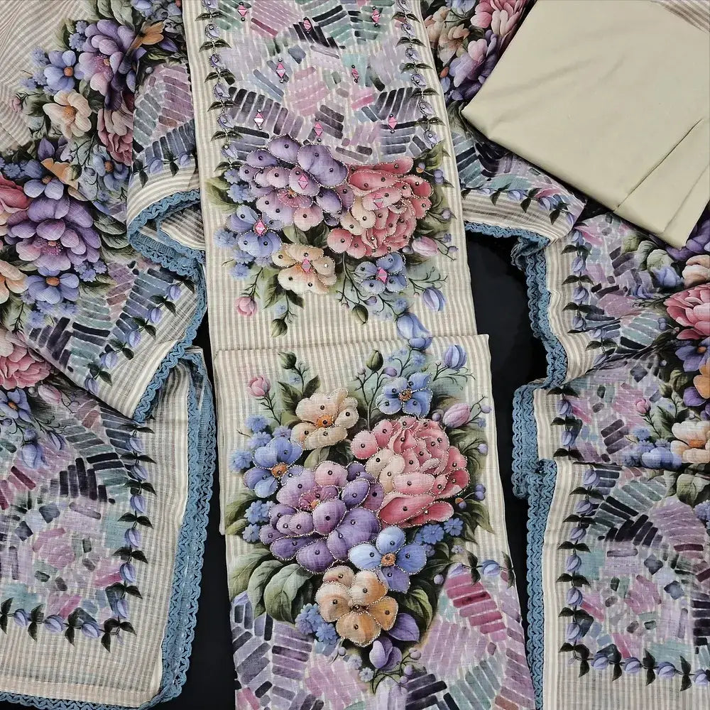 Beige printed semi linen salwar material jn250306-Neidhal