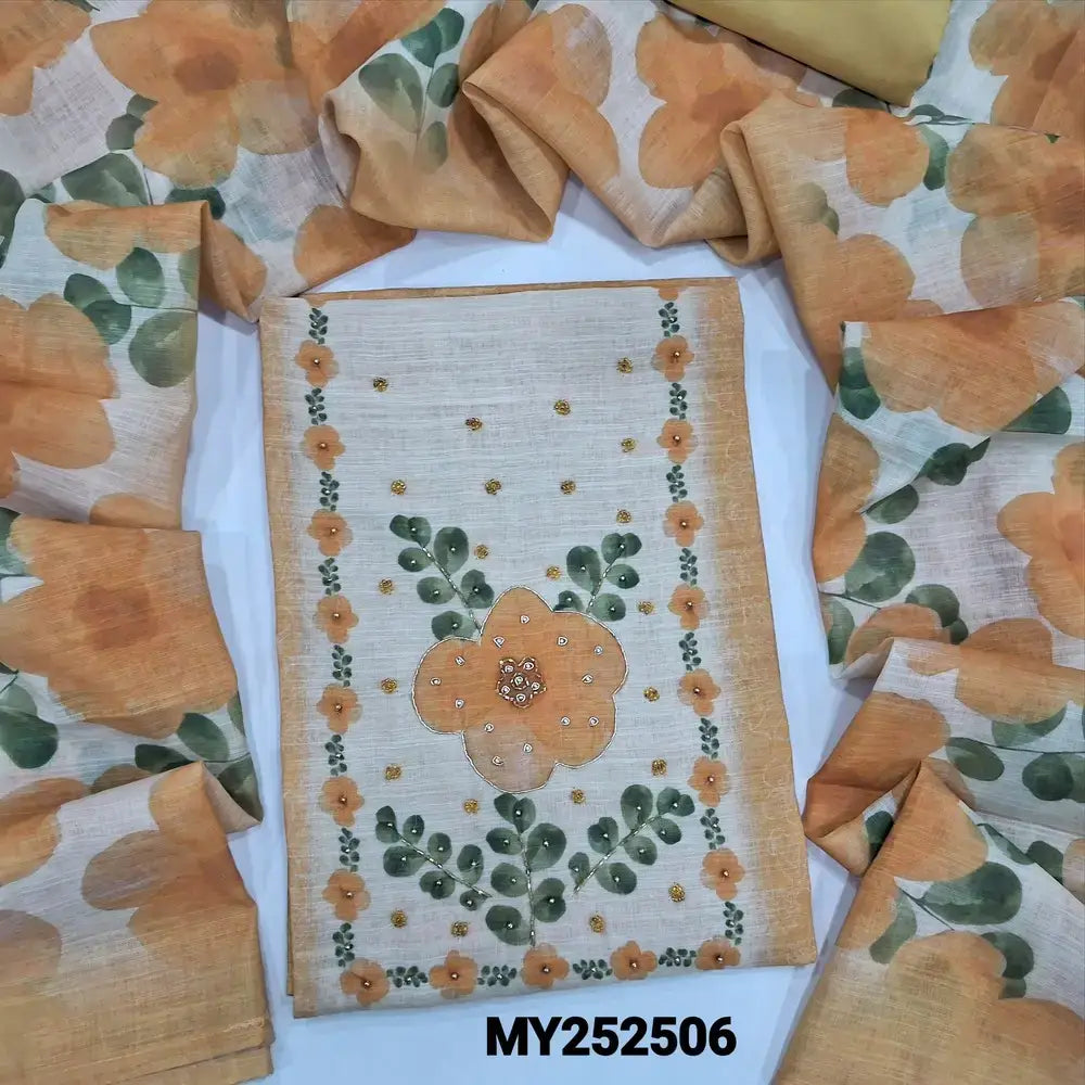 Beige printed semi linen salwar material my252506-Neidhal