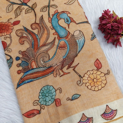 Beige pure linen saree ns136-Neidhal