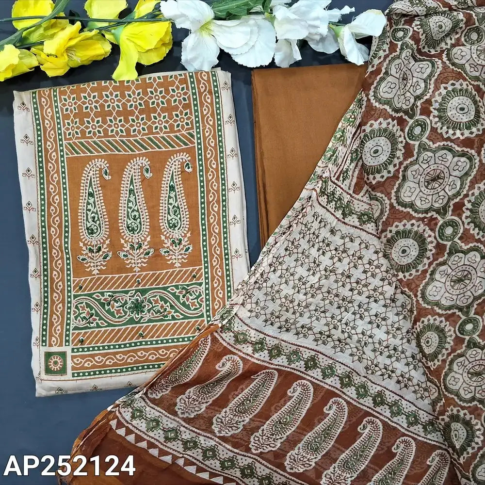 Beige Satin Cotton Salwar Material with Ajrak Yoke AP252124– Neidhal