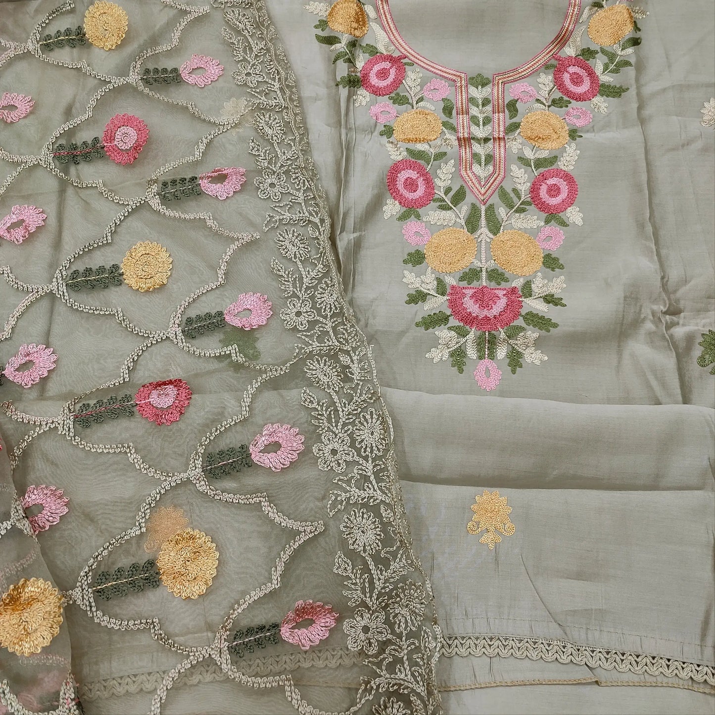 Beige Silk Cotton Salwar Material - Embroidered Organza Dupatta | Neidhal