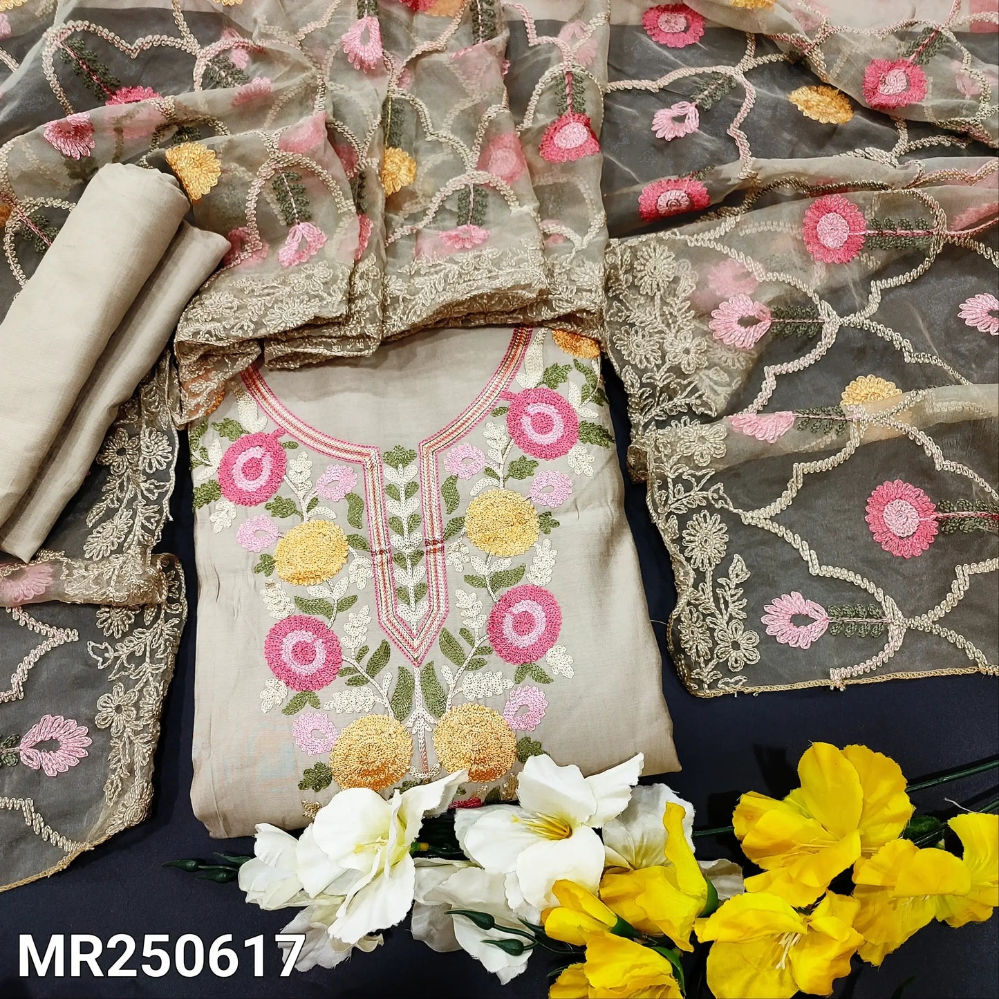 Beige Silk Cotton Salwar Material - Embroidered Organza Dupatta | Neidhal