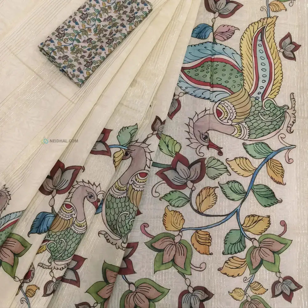 Light beige silk cotton saree(thin& light weight)art silk kalamkari applique work & zari lines all over