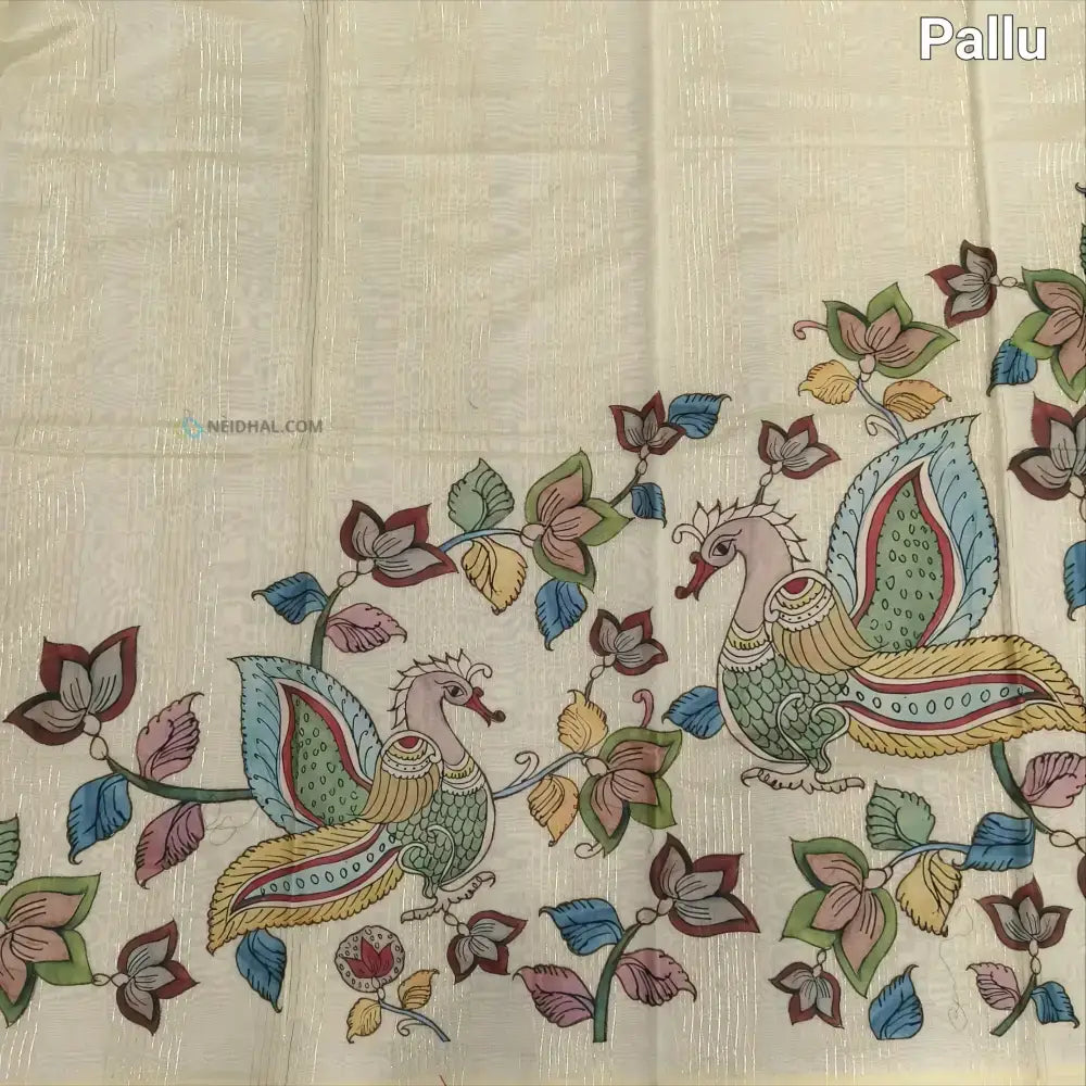 Light beige silk cotton saree(thin& light weight)art silk kalamkari applique work & zari lines all over