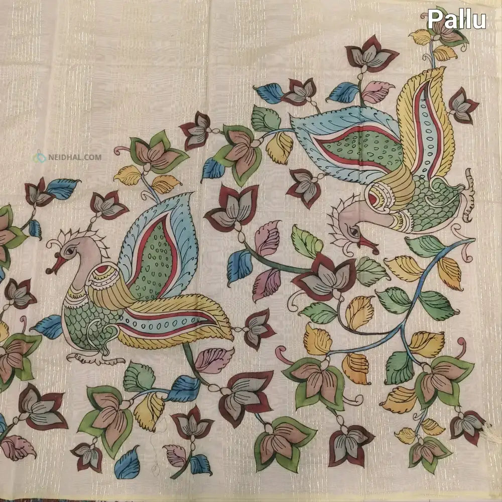 Light beige silk cotton saree(thin& light weight)art silk kalamkari applique work & zari lines all over