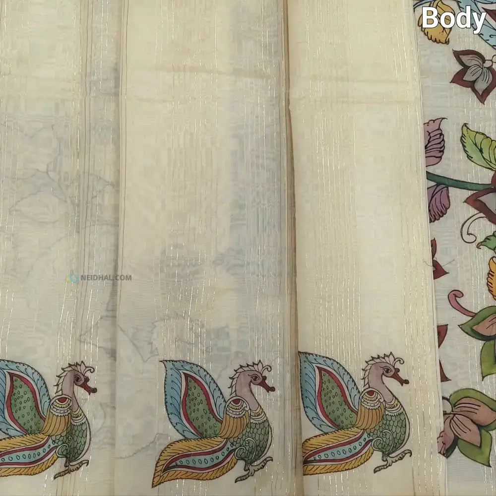 Light beige silk cotton saree(thin& light weight)art silk kalamkari applique work & zari lines all over