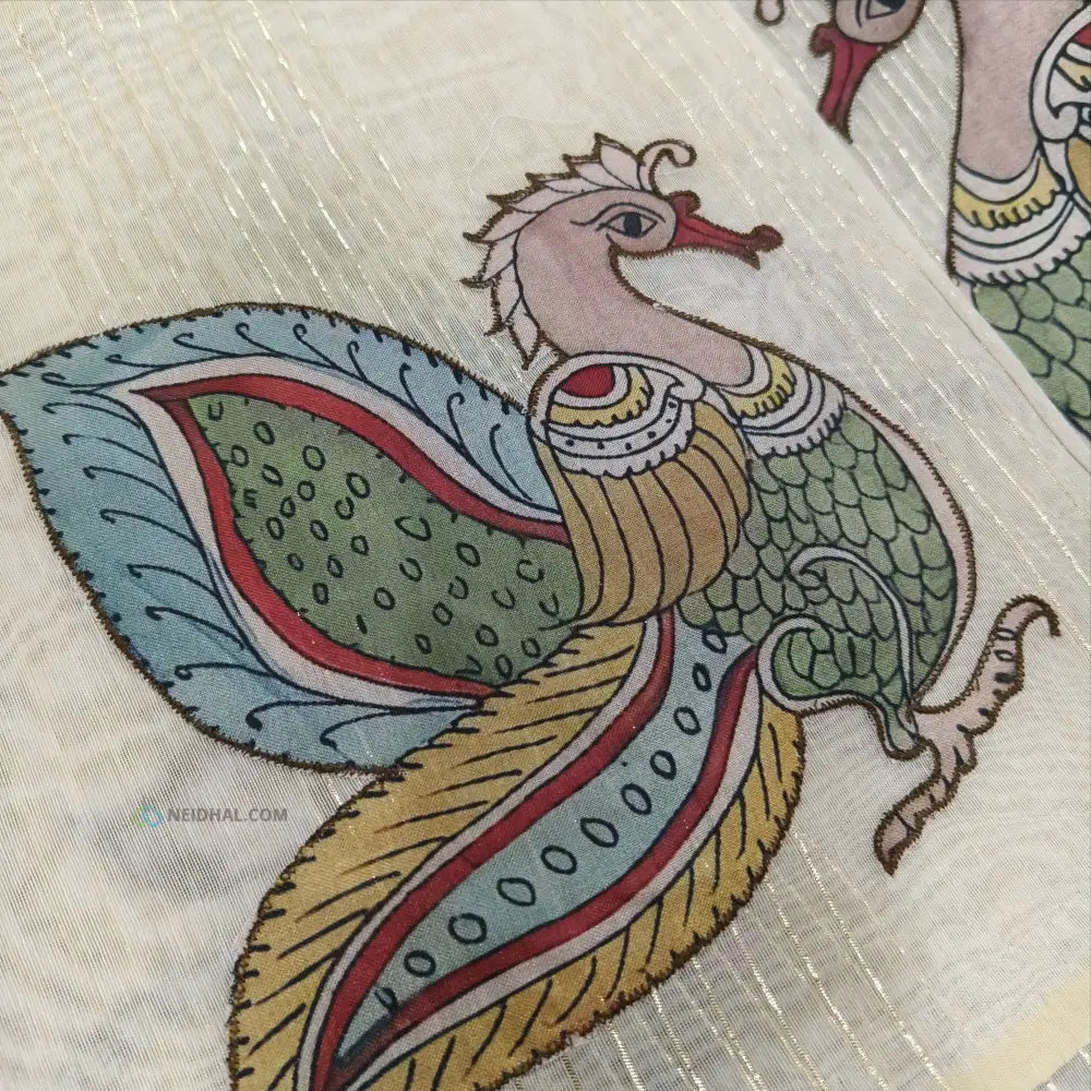 Light beige silk cotton saree(thin& light weight)art silk kalamkari applique work & zari lines all over