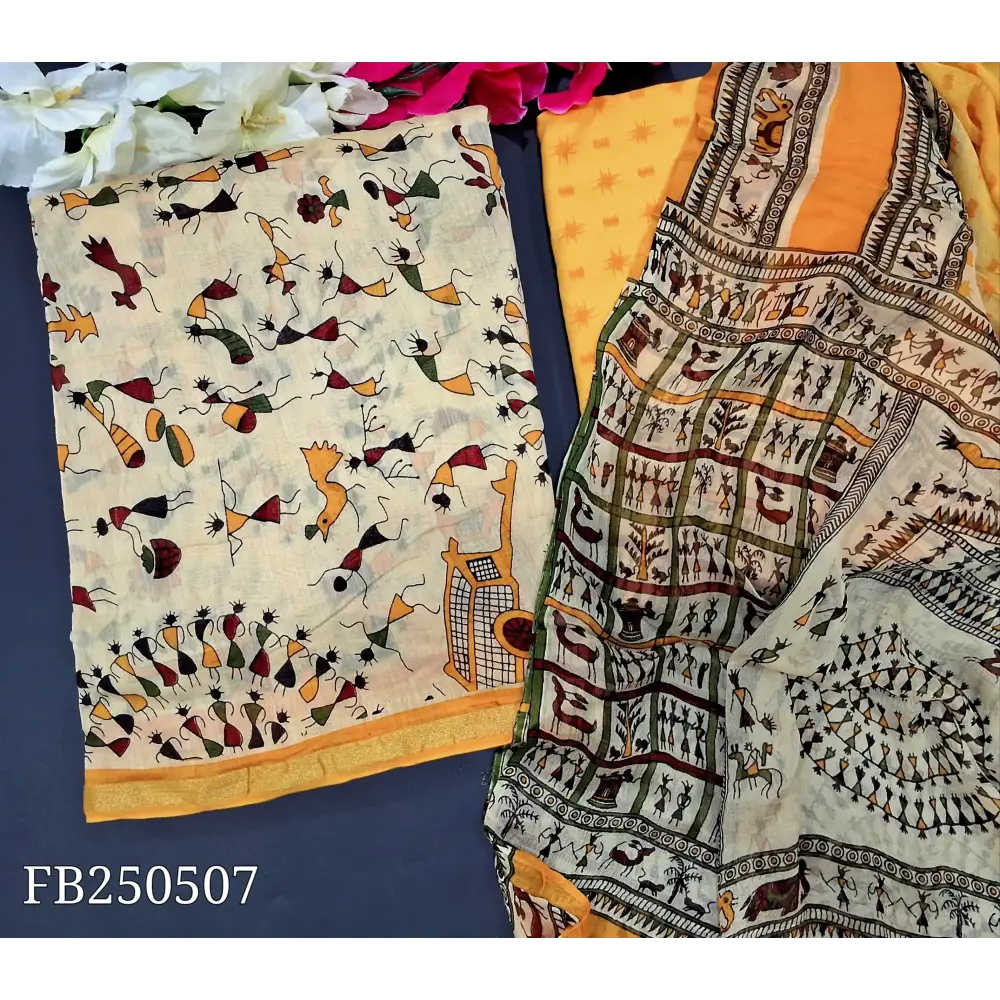 CODE FB250507: Beige base warli block printed chanderi silk unstitched salwar material(thin fabric lining needed)yellow