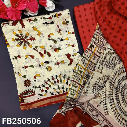 CODE FB250506: Beige base warli block printed chanderi silk unstitched salwar material(thin fabric lining needed)dark