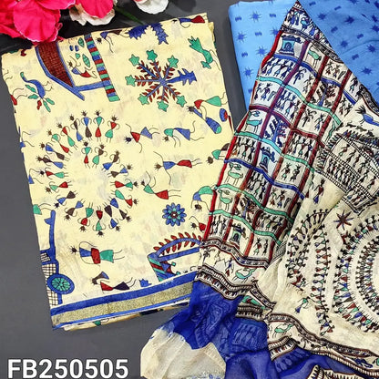 CODE FB250505: Beige base warli block printed chanderi silk unstitched salwar material(thin fabric lining needed)blue