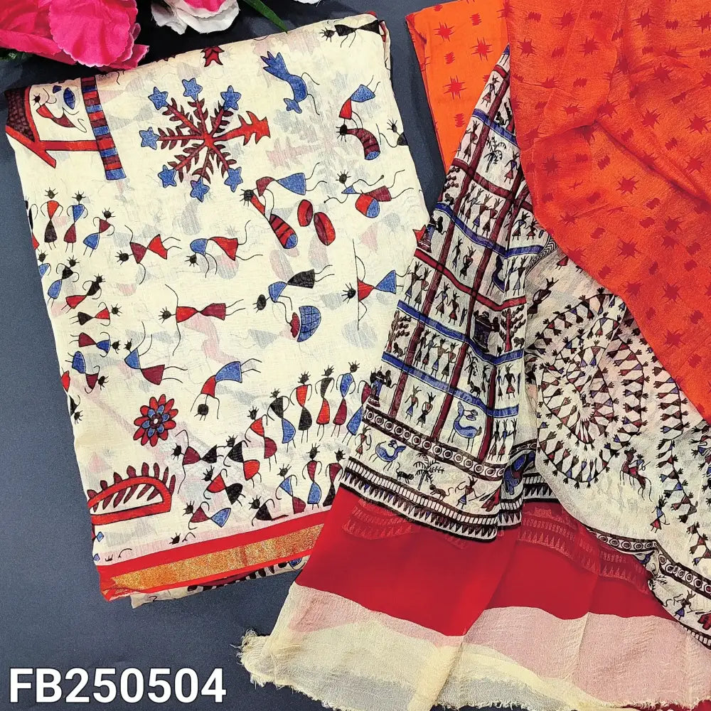 CODE FB250504: Beige base warli block printed chanderi silk unstitched salwar material(thin fabric lining needed)orange