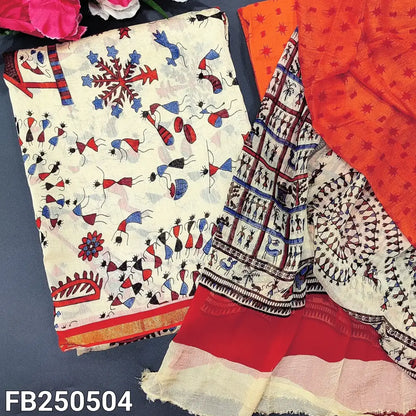 CODE FB250504: Beige base warli block printed chanderi silk unstitched salwar material(thin fabric lining needed)orange