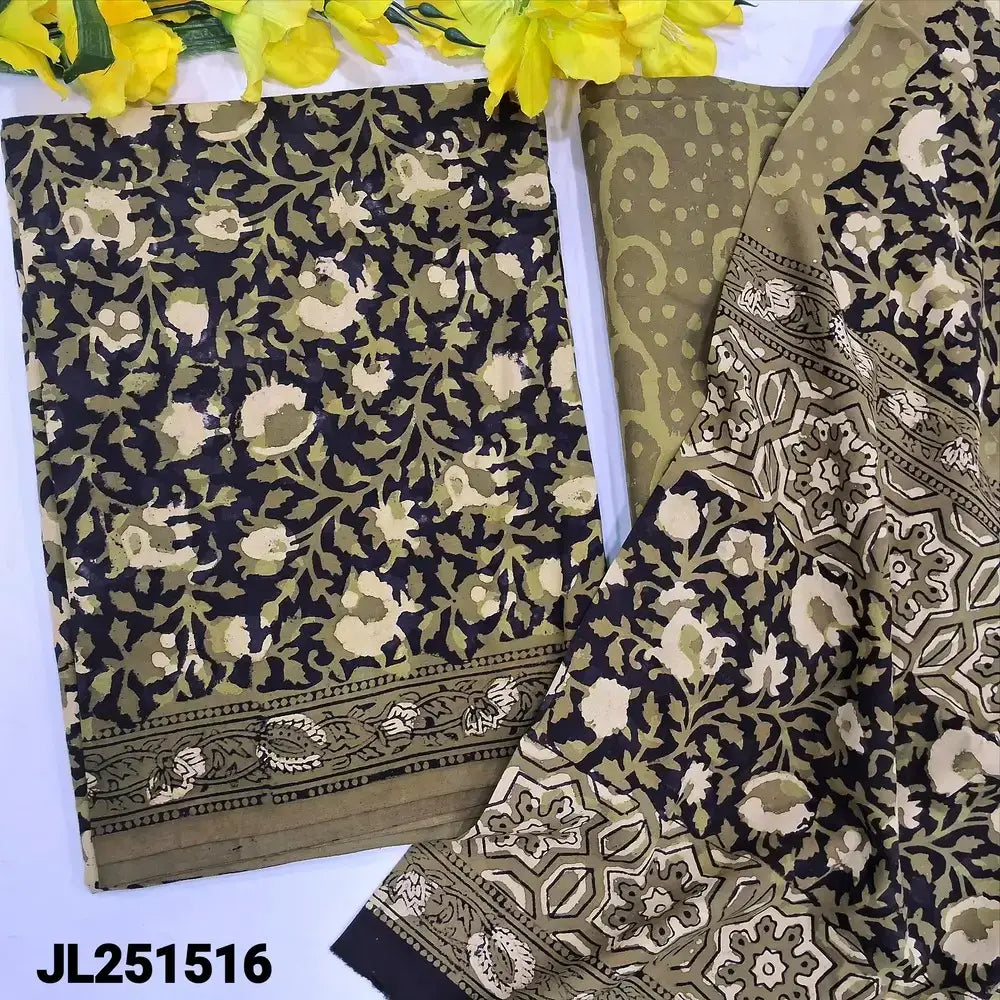 Black base olive green block printed cotton salwar material jl251516-Neidhal