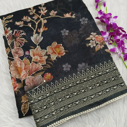 Black designer digital printed soft silk cotton saree ns102-Neidhal