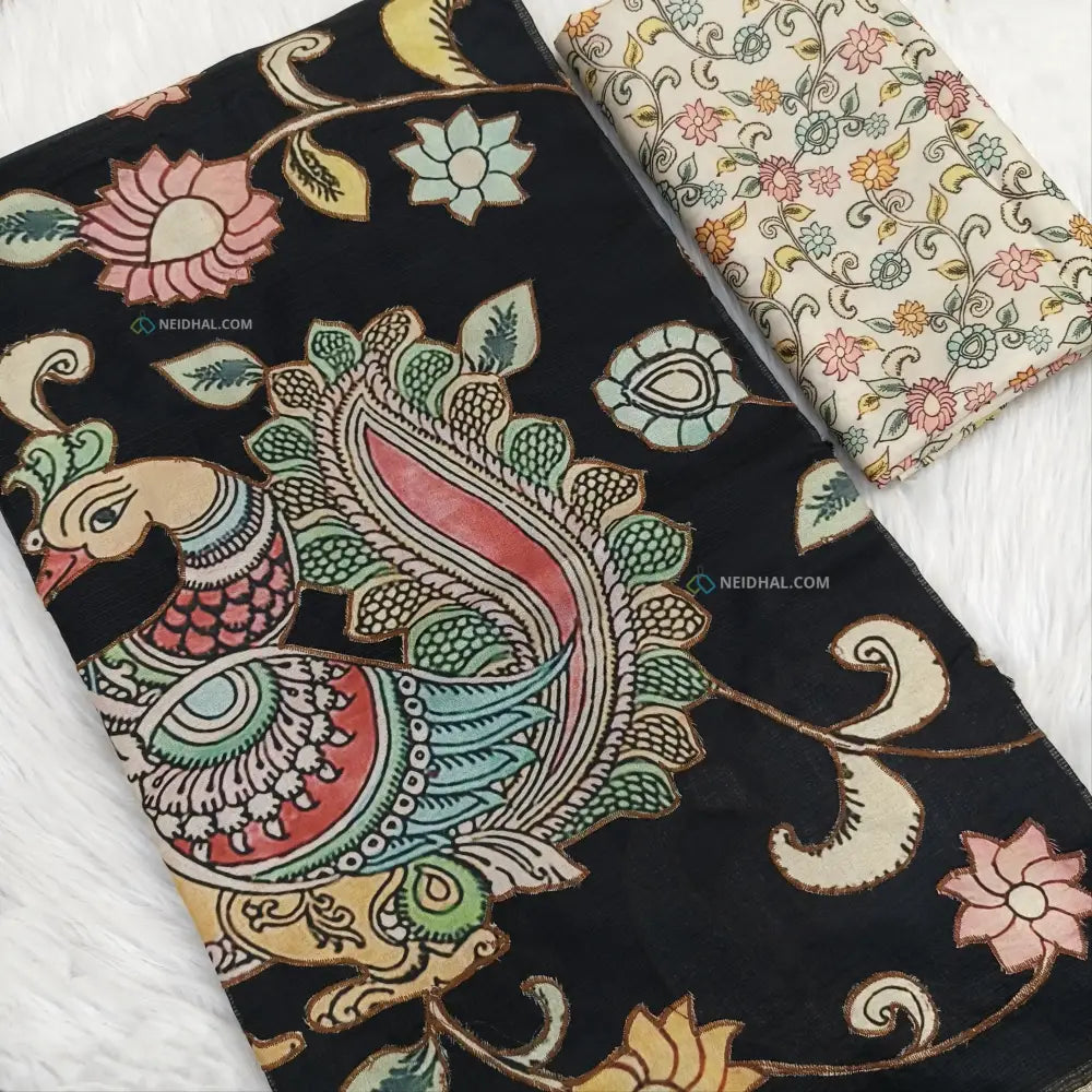 CODE NS24: Black designer premium kota saree with applique work& gold tissue borders(thin& light weight)heavy applique